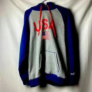 MITRE MENS SIZE LARGE GRAY RED & NAVY WITH USA AND FLAG ACCENT HOODED SWEATSHIRT